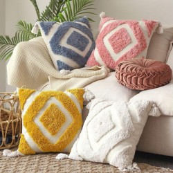 Morocco Throw Pillow for Case Minimalist Diamond Pattern Tufted Tassel Cushion C