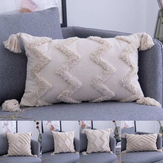 Boho Tufted Throw Pillow Cover with Handwoven Stripes Tassel Home Decor Handmade