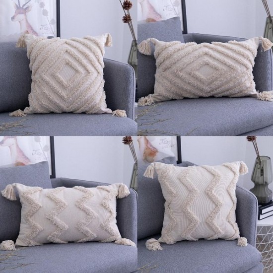 Boho Tufted Throw Pillow Cover with Handwoven Stripes Tassel Home Decor Handmade