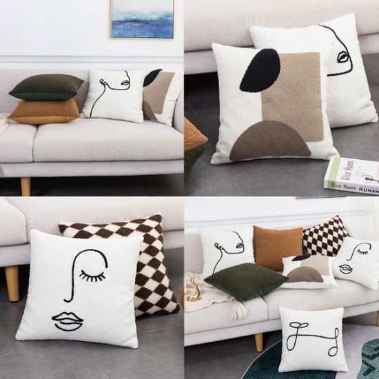 Nordic Throw Pillow for Case Line Drawing Abstract Face Tufted Square Cushion Co
