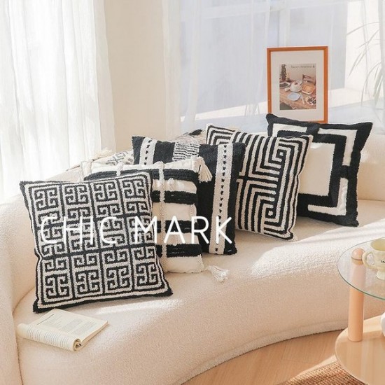 Geometric Embroidered Velvet Throw Pillow Cover - Modern Boho Cushion for Sofa, Bed, and