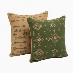 Modern Boho Embroidered Throw Pillow Set | Green and Tan Cushions for Sofa and Living