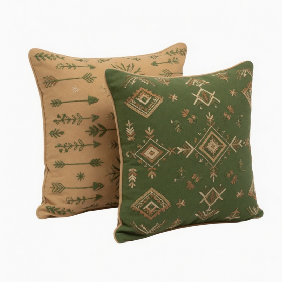 Modern Boho Embroidered Throw Pillow Set | Green and Tan Cushions for Sofa and Living