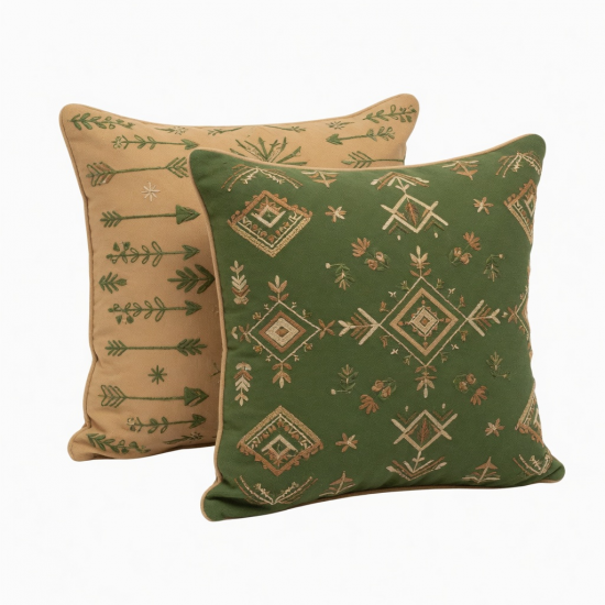 Modern Boho Embroidered Throw Pillow Set | Green and Tan Cushions for Sofa and Living