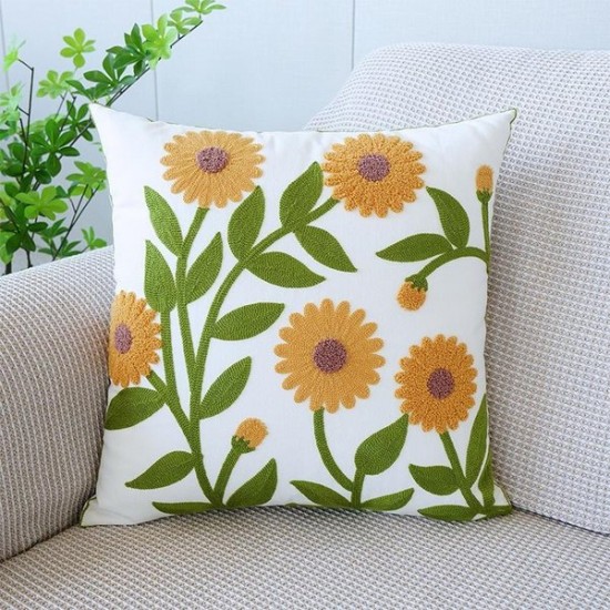 Nordic Floral Embroidered Cushion Cover | Botanical Print Throw Pillow for Sofa and