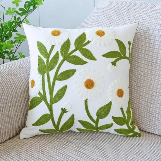 Nordic Floral Embroidered Cushion Cover | Botanical Print Throw Pillow for Sofa and