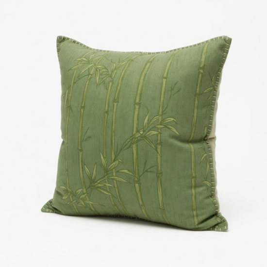 Vintage Green Bamboo Throw Pillow | Hand-Stitched Cushion for Sofa, Bed, and Lounge Decor