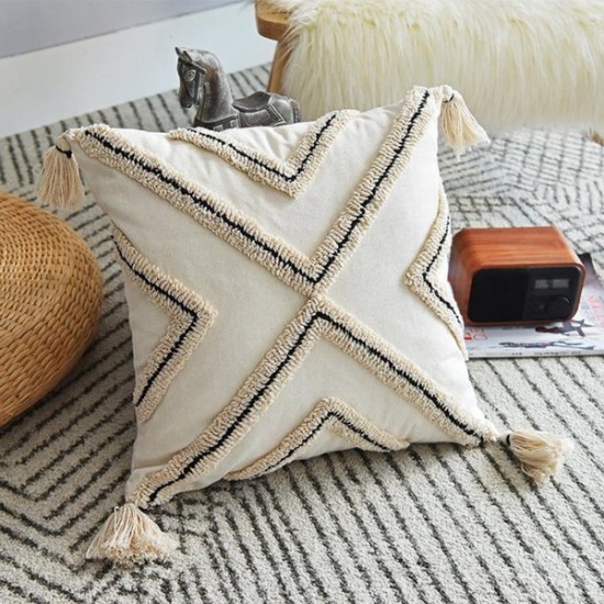Nordic Style Boho Throw Pillow for Case Woven Tufted Geometric Striped Cotton Cushion