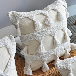 Nordic Morocan Textured Boho Throw Pillow for Case Woven Tufted White Tassel Striped