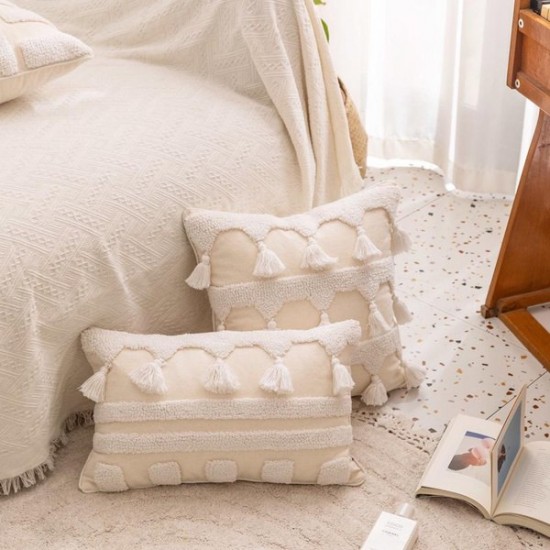 Nordic Morocan Textured Boho Throw Pillow for Case Woven Tufted White Tassel Striped