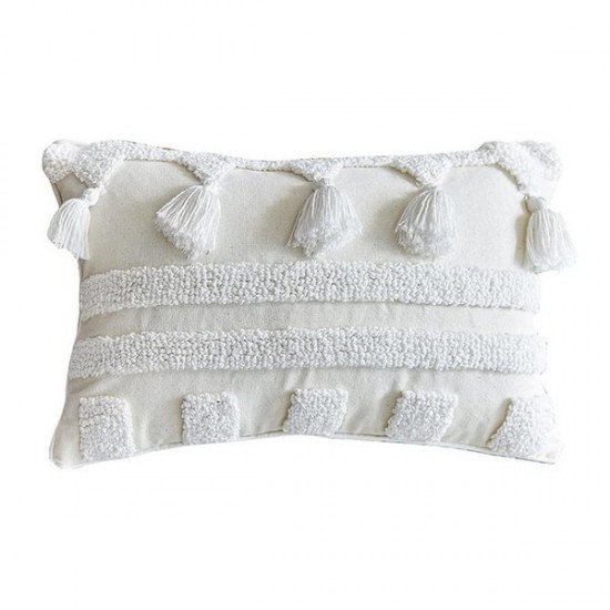 Nordic Morocan Textured Boho Throw Pillow for Case Woven Tufted White Tassel Striped