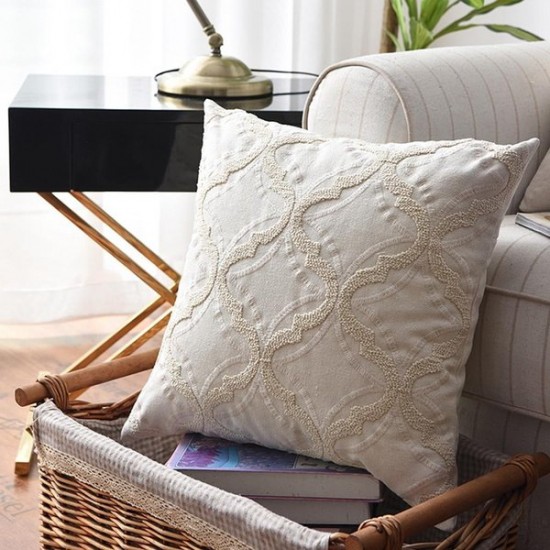 Nordic Cotton Linen Throw Pillow for Case Embroidery Vintage Geometric Plaid Flower