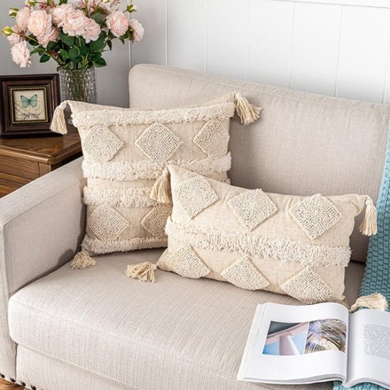 Boho Throw Pillow Covers for Couch Sofa Cotton Tufted Decorative Cushion Cover