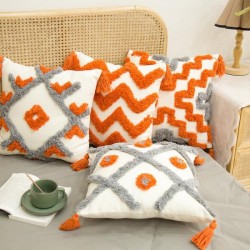Nordic Style Orange Gray Tufted Throw Pillow for Case with Tassel Boho Woven Embroidery