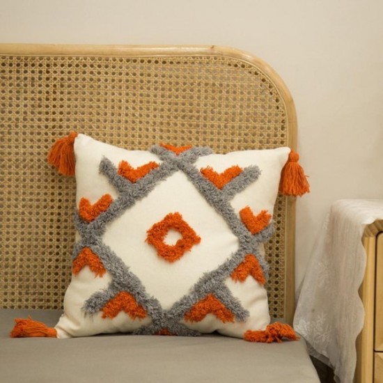 Nordic Style Orange Gray Tufted Throw Pillow for Case with Tassel Boho Woven Embroidery