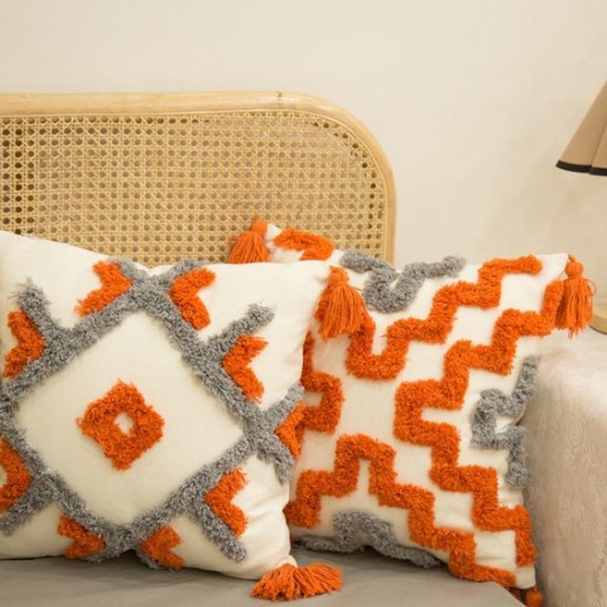 Nordic Style Orange Gray Tufted Throw Pillow for Case with Tassel Boho Woven Embroidery