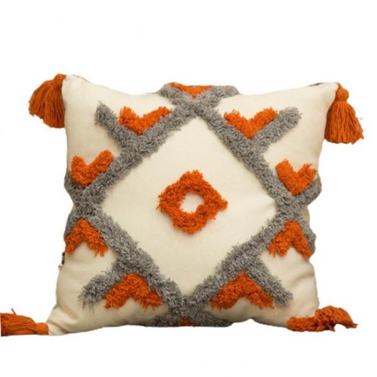 Nordic Style Orange Gray Tufted Throw Pillow for Case with Tassel Boho Woven Embroidery