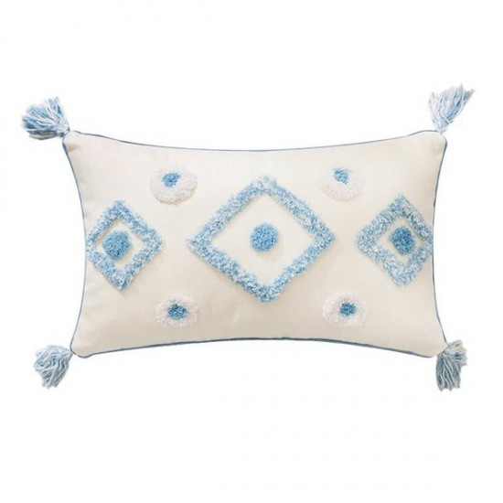 Nordic Moroccan Throw Pillow for Case Boho Tassels Woven Tufted Blue Cream Geometric