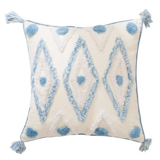 Nordic Moroccan Throw Pillow for Case Boho Tassels Woven Tufted Blue Cream Geometric