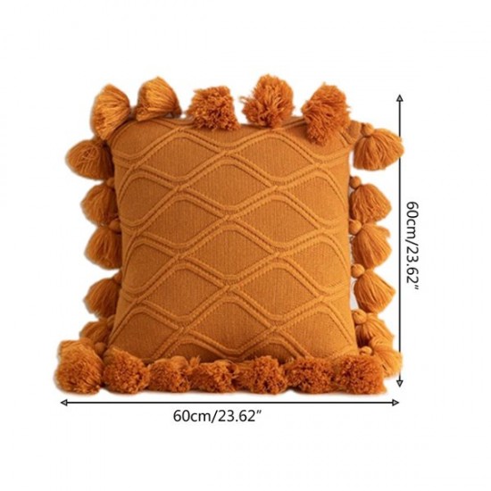 Nordic Moroccan Knitted Throw Pillow for Case with Pompoms Tassel Boho Striped Cable Knit