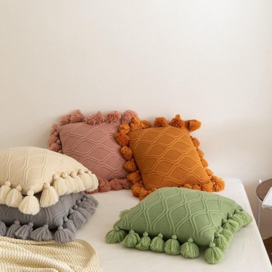 Nordic Moroccan Knitted Throw Pillow for Case with Pompoms Tassel Boho Striped Cable Knit