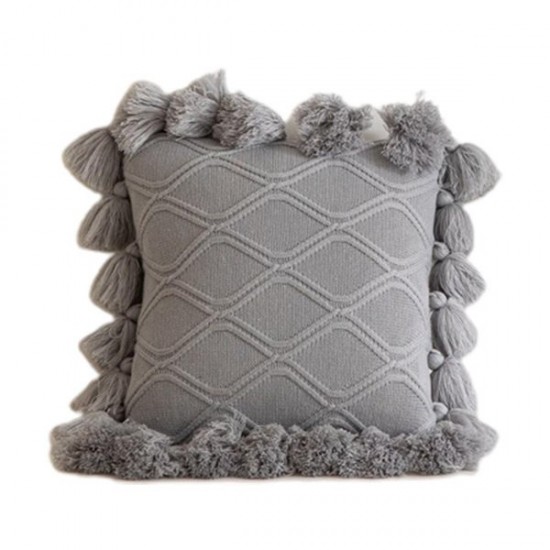 Nordic Moroccan Knitted Throw Pillow for Case with Pompoms Tassel Boho Striped Cable Knit