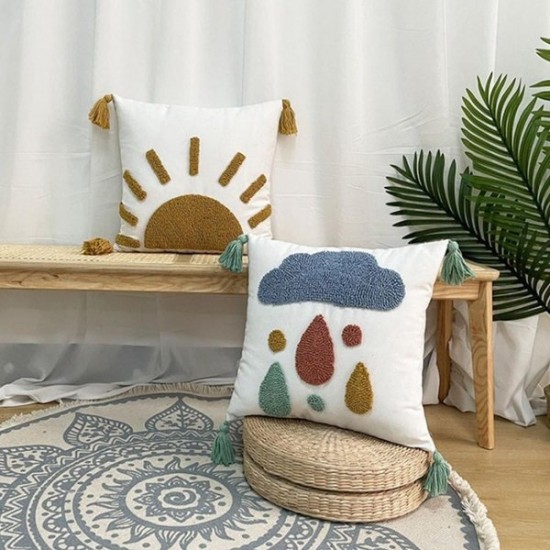 Throw Pillowcase 45cm Square Sun Moon Tufted Fringe Cushion Cover Home Decors