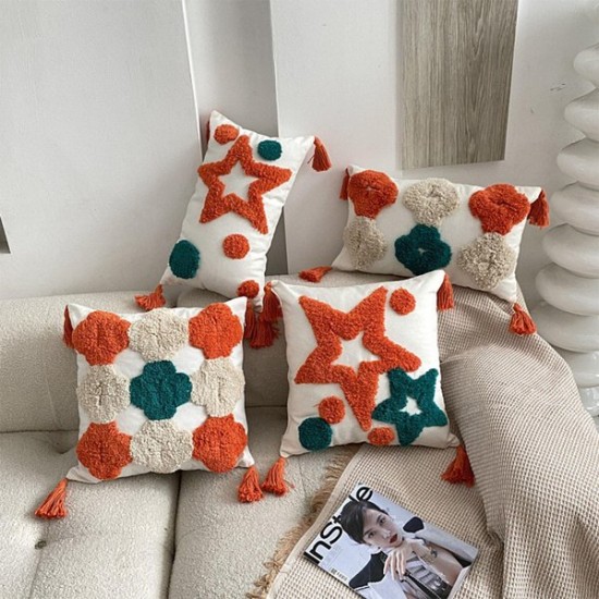 Nordic Boho Throw Pillow for Case with Tassels Farmhouse Woven Tufted Abstract Geometric
