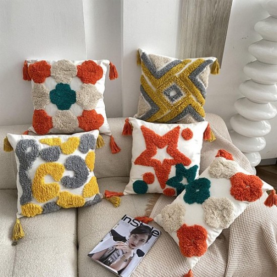 Nordic Boho Throw Pillow for Case with Tassels Farmhouse Woven Tufted Abstract Geometric